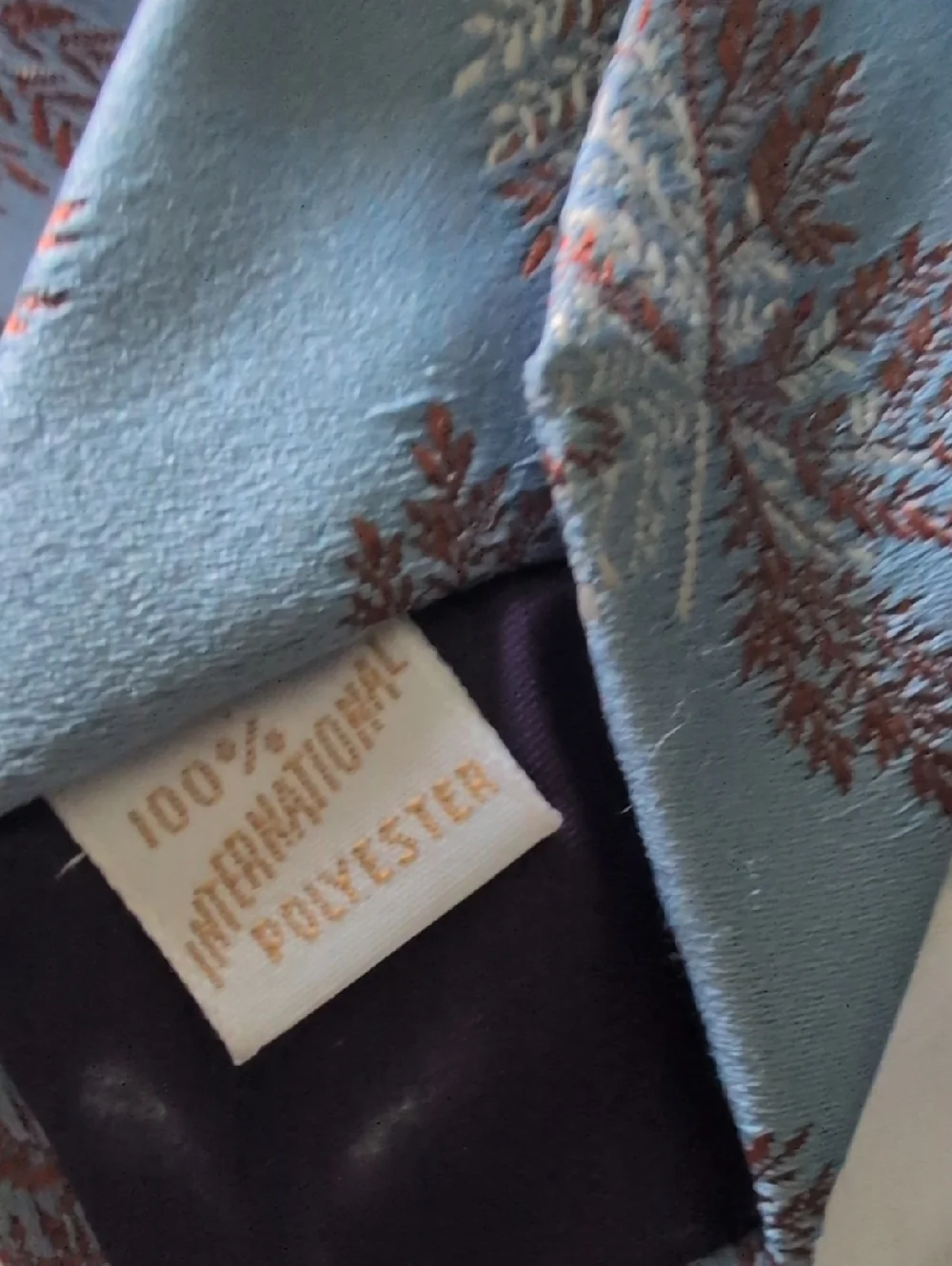 70s Vintage Blue Brown Embroidered Leaf Design Men's Tie